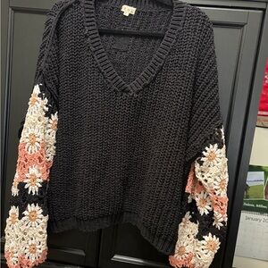 POL Black Sweater with Floral Crochet Sleeves